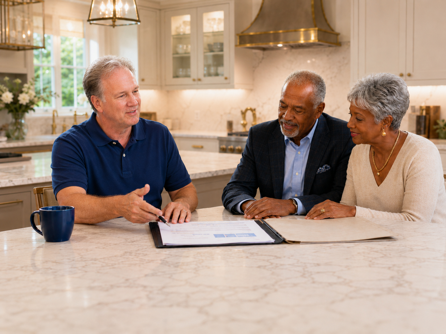 Russell Tunick speaking with clients at a table