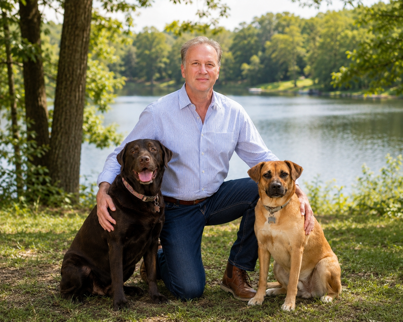 Russell Tunick with his dogs by a lake